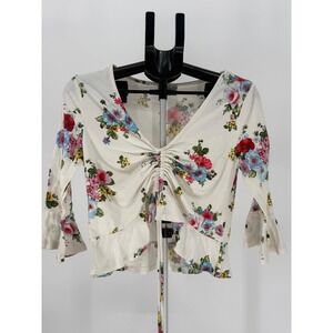 Iris Floral Ruched Tie Front Top‎ Women L Coquette Fairycore Cottagecore Peplum
